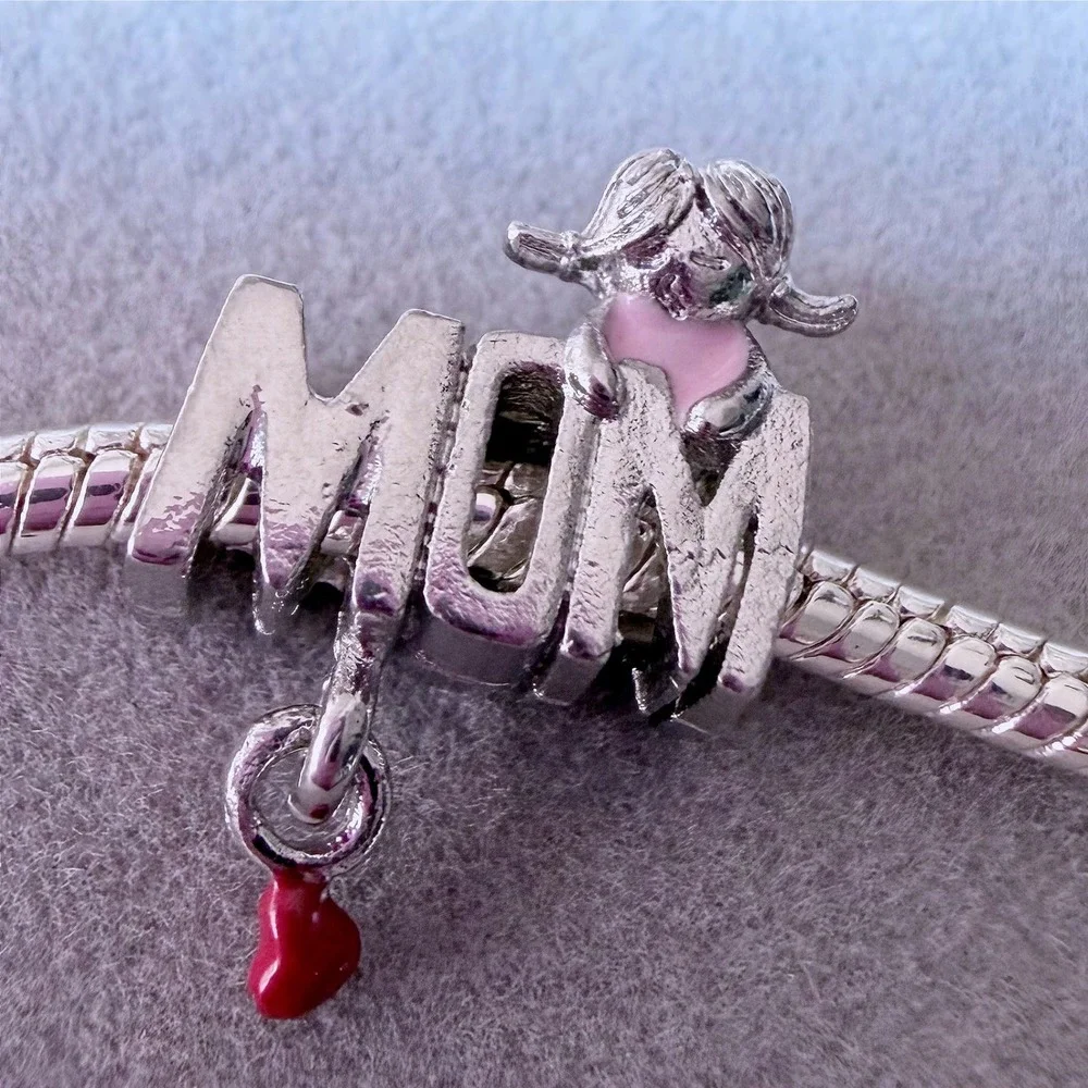 MOM Silver Girl Pink Red Heart Dangle Charm fits PANDORA